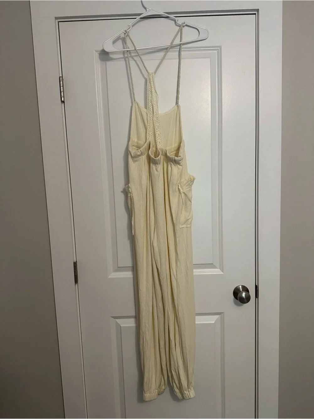 Free People Cream Ribbed Tie-Waist Jumpsuit with Lace Straps